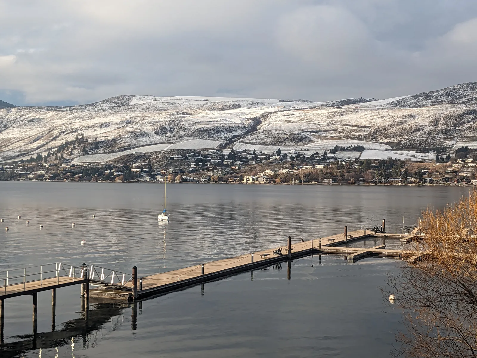 First snow over the docks at The Strand, Okanagan Landing